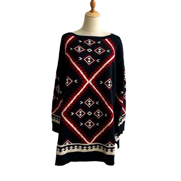 Lauren Ralph Lauren Aztec Southwest Tunic Sweater Cotton Knit Black Red Size 2X - Picture 2 of 7